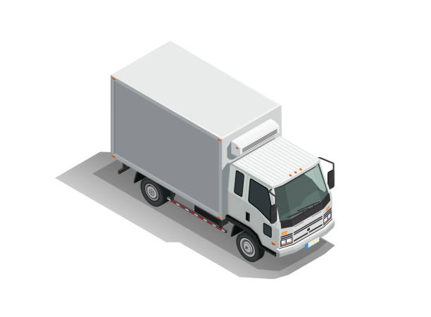 illustrazioni stock, clip art, cartoni animati e icone di tendenza di camion cargo white van box con concetto di frigorifero. illustrazione 3d isometrica isolata su sfondo bianco. - camion