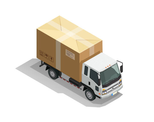 ilustraciones, imágenes clip art, dibujos animados e iconos de stock de entrega abstracta camión de carga de caja de furgoneta blanca con concepto abstracto de paquete de cartón. ilustración isométrica en 3d aislada sobre fondo blanco. - vehículo particular terrestre