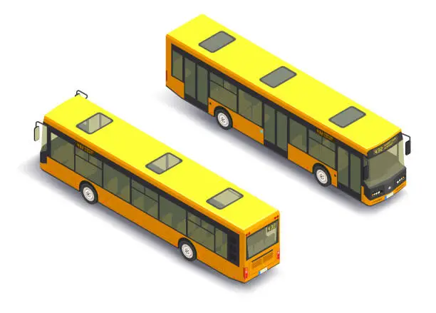 Vector illustration of 3D isometric yellow city bus. Vector illustration isolated on white background.