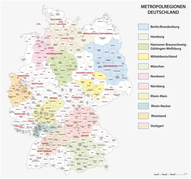 Vector illustration of Map of the eleven German metropolitan regions in german language