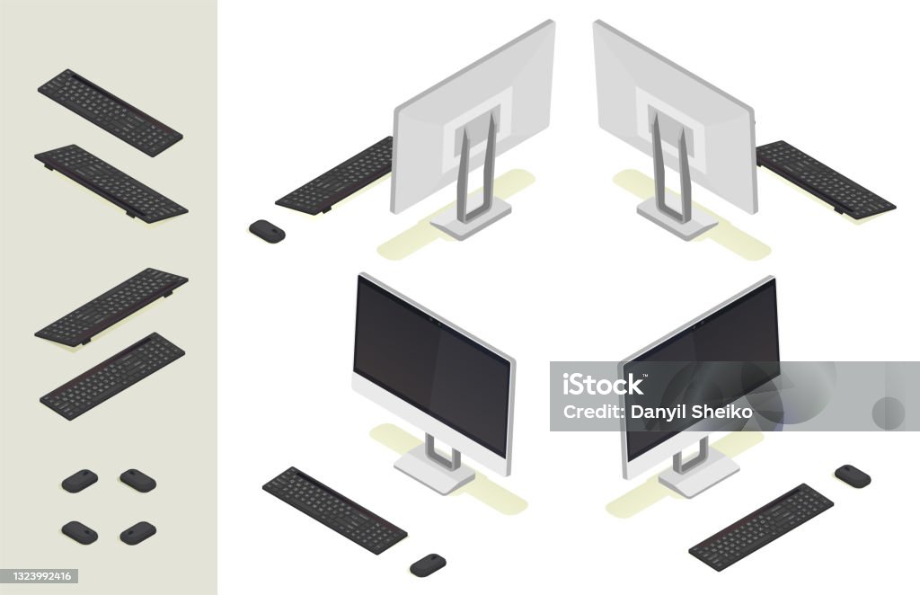 Icon Computer Side 3d Flat Isometric Modern Desktop Computer With Wireless Keyboard And ...