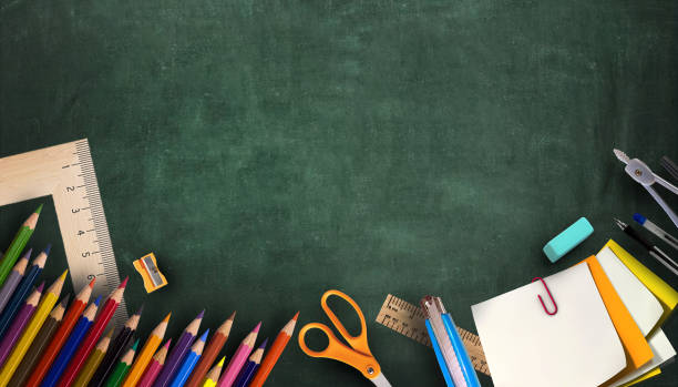 istock Education Flat lay. Back to school Concept. Various school supplies arranged on Green background. copy space, background, banner, poster -3d Rendering 1323992514