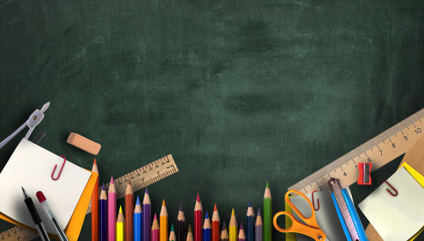 Education Flat lay. Back to school Concept. Various school supplies arranged on Green background. copy space, website background, banner-3d Rendering