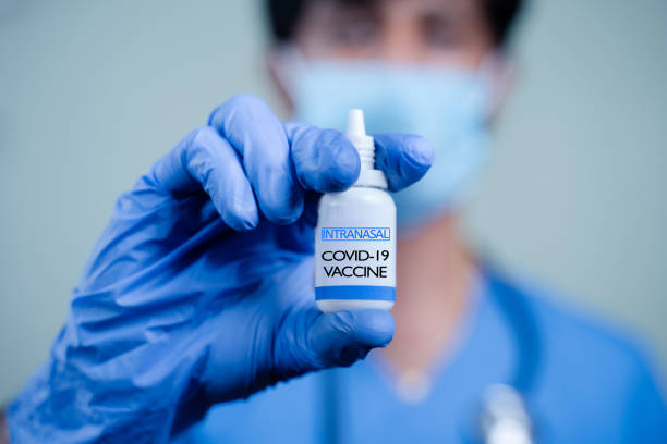close up hands of doctor or nurse holding intranasal vaccine spray bottle for coronavirus or covid-19 pandemic - 鼻 個照片及圖片檔