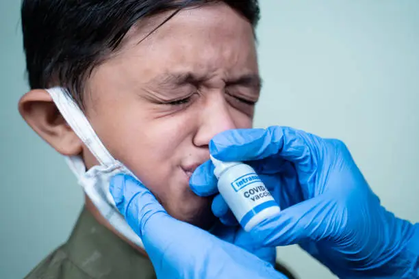 Head shot of child with medical face mask getting Intranasal Coronavirus covid-19 vaccination through nostril from doctor - concept of covid nasal vaccine.