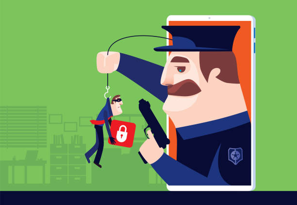 ilustrações, clipart, desenhos animados e ícones de segurança pegar hacker via smartphone - security system prevent lock crime