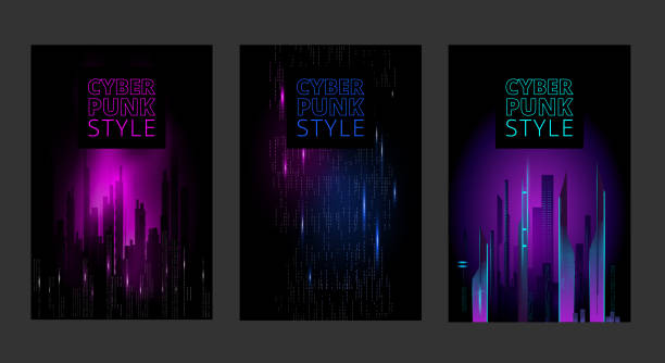 A set of images with data streams like a dark city move against a dark neon background. A set of images with data streams like a dark city move against a dark neon background. Vector abstract background in cyberpunk style. Vertical poster or cover template. cyberpunk stock illustrations