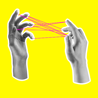 Human connections -hands with threads. Contemporary art collage, modern design. Aesthetic of hands. Trendy neon colors. Copyspace for your ad or text. Surreal conceptual poster.