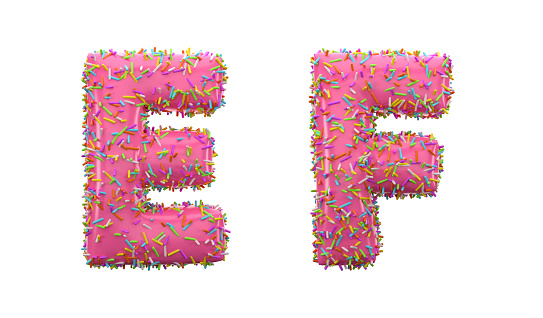 3D Render Doughnut Alphabet E and E letters On White Background