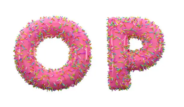 3D Render Doughnut Alphabet O and P letters On White Background