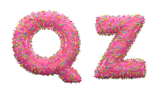3D Render Doughnut Alphabet Q and Z letters On White Background
