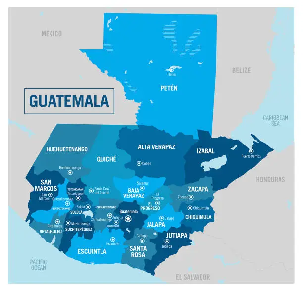 Vector illustration of Guatemala country political map. Detailed vector illustration with isolated provinces, states, regions, departments, and cities easy to ungroup.