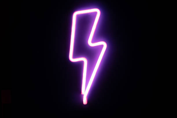 istock Purple lightning bolt mounted neon signs. High-voltage neon symbol, light banner design element colorful modern design trends. Cyberpunk concept 1324001100