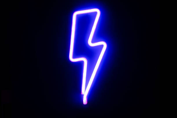 istock Blue lightning bolt mounted neon signs. High-voltage neon symbol, light banner design element colorful modern design trends. Cyberpunk concept 1324001115
