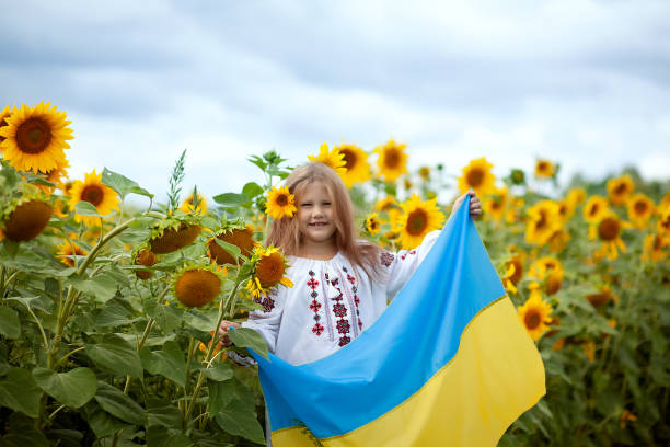 우크라이나어 미소 소녀 에 전통적인 자수 셔츠와 노란색 파란색 깃발 그녀의 손에 해바라기의 필드에 - ukrainian culture 뉴스 사진 이미지