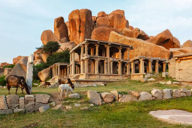 Ancient Vijayanagara Empire civilization ruins of Hampi now famous tourist attraction. Sule Bazaar, Hampi, Karnataka, India