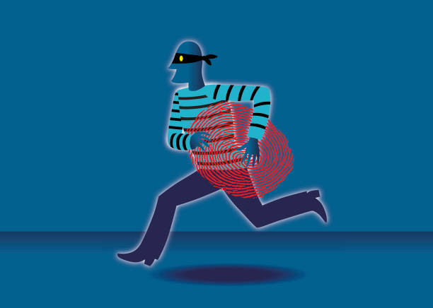 Stealing Identity A masked thief runs. Under his arm, he carries a large fingerprint. He has stolen someone's identity. identity theft stock illustrations