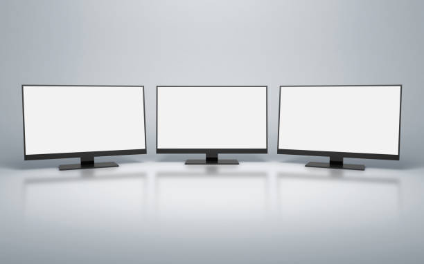 istock Row of computer monitors with white blank screens. clipping path. 3d rendering 1324008948