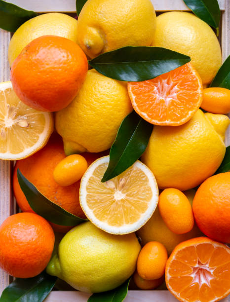 istock Mixed citrus fruits, ripe and fresh with leaves 1324009085