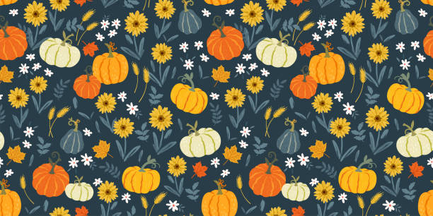 ilustrações de stock, clip art, desenhos animados e ícones de lovely hand drawn thanksgiving seamless pattern with pumpkins and sunflowers, great for textiles, table cloth, wrapping, banners, wallpapers - vector design - pumpkin autumn pattern repetition