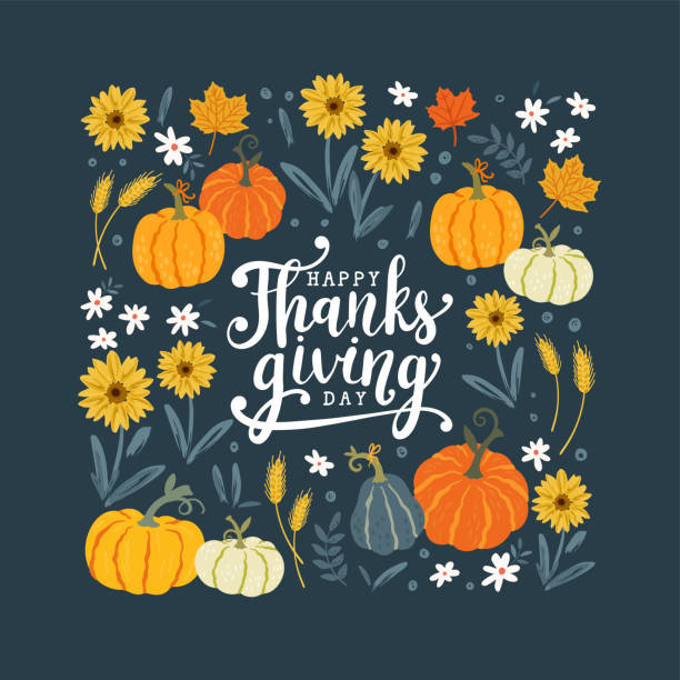 ilustraciones, imágenes clip art, dibujos animados e iconos de stock de precioso diseño de acción de gracias dibujado a mano con calabazas y girasoles, ideal para textiles, mantel, envoltura, banners, fondos de pantalla - diseño vectorial - september november pumpkin october