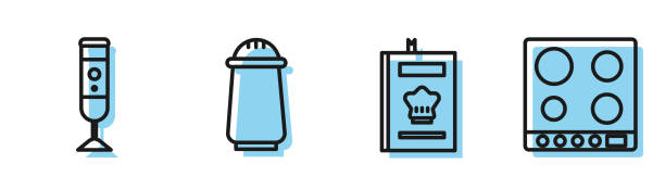 Set line Cookbook, Blender, Salt and pepper and Gas stove icon. Vector Set line Cookbook, Blender, Salt and pepper and Gas stove icon. Vector laboratory shaker stock illustrations