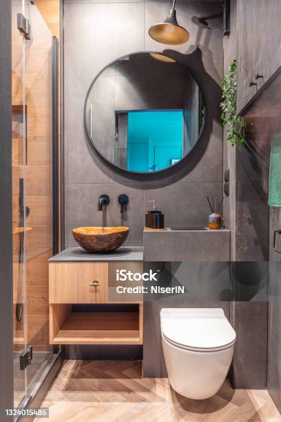 Modern Small Bathroom Interior Design Stock Photo - Download Image Now - Bathroom, Small, Toilet
