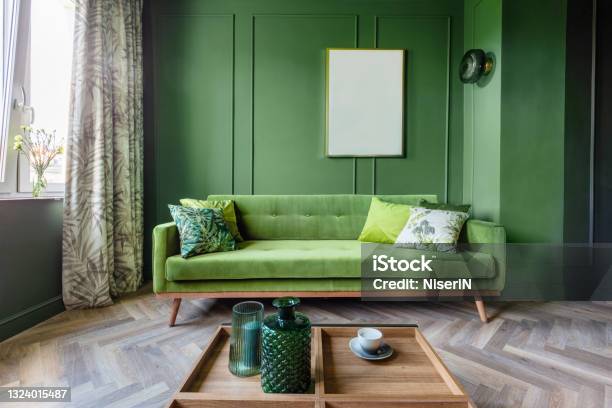 Small Elegant Apartment Interior Design Stock Photo - Download Image Now - Green Color, Sofa, Domestic Room