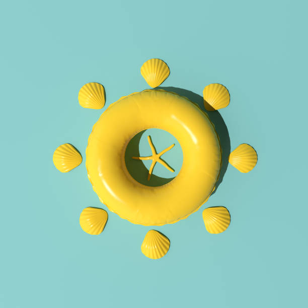 istock Top view of yellow summer beach concept. Summer accessories, starfish, shell, inflatable ring on green background. 3D rendering. 1324015546