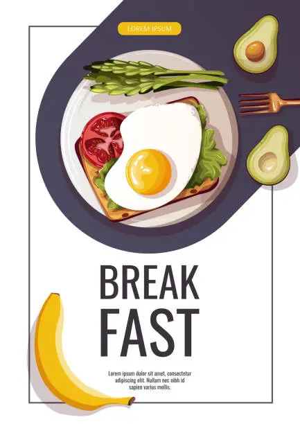 Vector illustration of Promo flyer with Toast with scrambled egg, tomato, asparagus, avocado. Healthy eating, nutrition, diet, cooking, breakfast menu, fresh food concept.