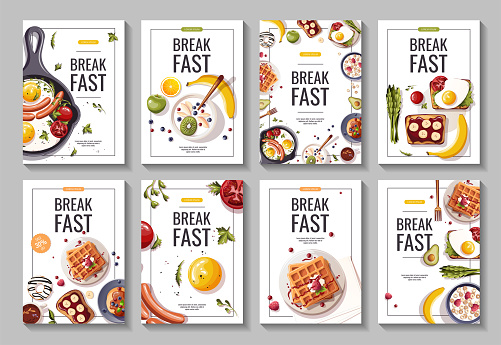 Set of promo flyers for breakfast menu, healthy eating, nutrition, cooking, fresh food, dessert, diet, pastry, cuisine. A4 vector illustration for banner, flyer, cover, advertising, menu, poster.