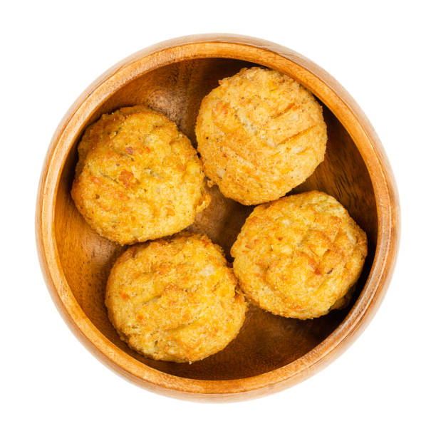 Pre-fried vegan falafel balls, chickpea fritters in wooden bowl