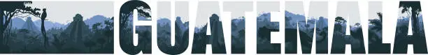 Vector illustration of Vector panorama of Guatemala with Tikal pyramid, jaguar and  quetzal in Jungle Rainforest