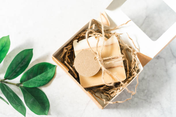Natural soap in gift box with empty mockup tag