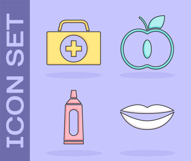 웃는 입술, 응급 처치 키트, 치약 튜브 및 애플 아이콘을 설정합니다. 벡터 - symbol human lips healthy lifestyle apple stock illustrations