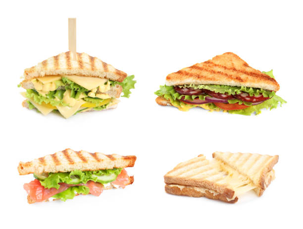 白い背景に異なるおいしいサンドイッチで設定 - club sandwich sandwich salad bread ストックフォトと画像