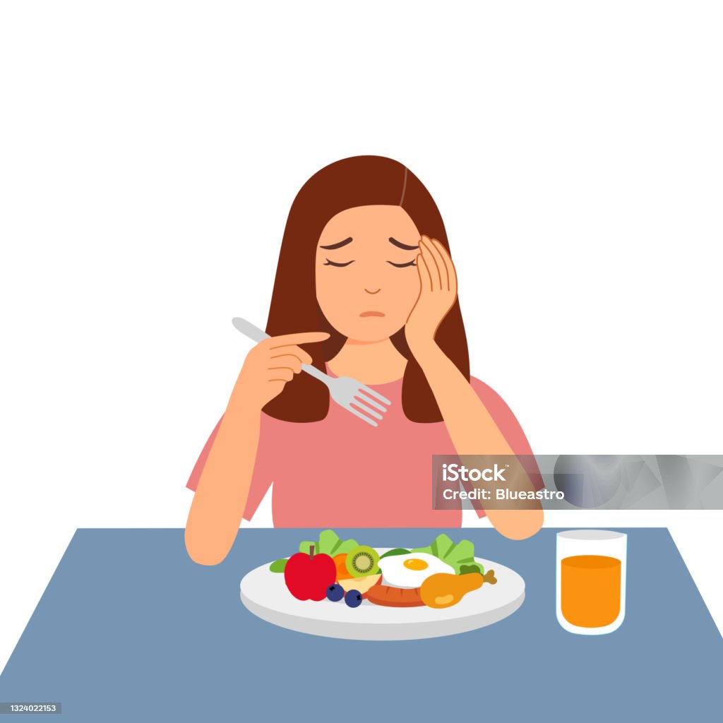 Woman Feel Not Hungry Concept Vector Illustration On White Background  Female Unable To Eat Stock Illustration - Download Image Now - iStock