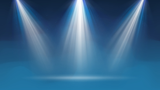 Background with fog spotlight. Illuminated blue smoky scene. Background for displaying products. Bright beams of spotlights, shimmering glittering particles, a spot of light. Vector illustration