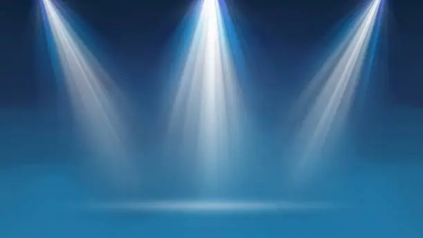 Vector illustration of Background with fog spotlight. Illuminated blue smoky scene. Background for displaying products. Bright beams of spotlights, shimmering glittering particles, a spot of light. Vector illustration