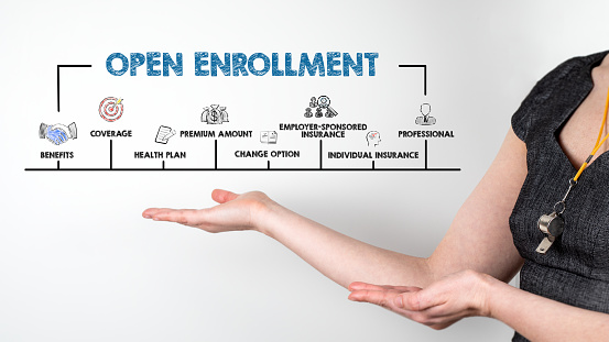 Open Enrollment concept. Chart with keywords and icons. Horizontal web banner. Woman with whistle.