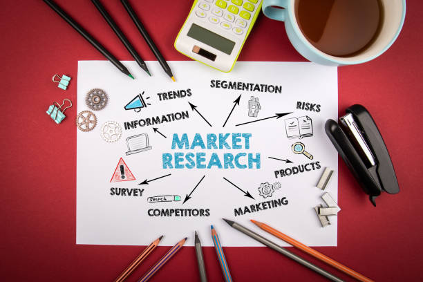 istock Market Research concept. Office supplies on a red table 1324024747