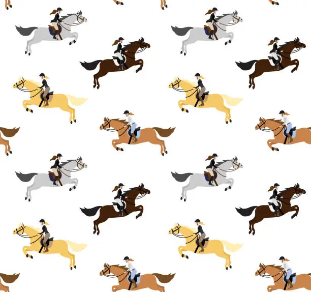 Vector illustration of Vector seamless pattern of flat cartoon woman riding show jumping horse