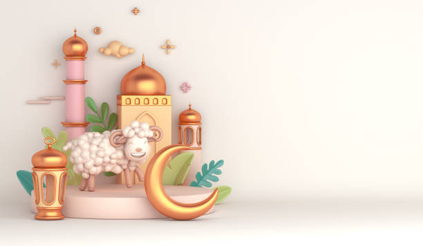 istock Eid al adha islamic decoration display podium background with goat sheep lantern crescent mosque, ramadan kareem, mawlid, eid al fitr, muharram, copy space text area, 3D illustration. 1324026468