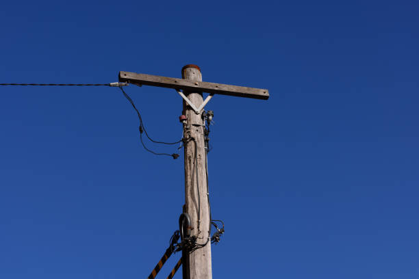 Looking up at a wooden telegraph pole.