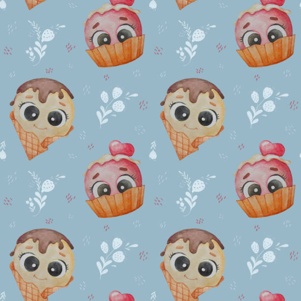 ilustrações de stock, clip art, desenhos animados e ícones de seamless pattern. character - a ball of ice cream a girl and a boy with eyes in a waffle cup on a light background with a floral pattern. watercolor. hand drawing - printers ornament