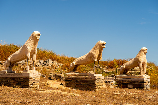Antique stone guardian lions sculptures on DELOS Island - mythological, historical, and archaeological site in Greece. Remains of the original sculptures in blue sky background.