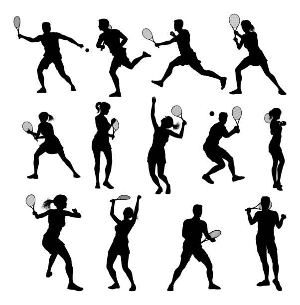 ilustraciones, imágenes clip art, dibujos animados e iconos de stock de silueta tenistas deportistas conjunto de gente - tennis serving female playing