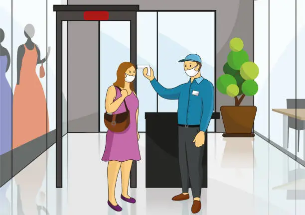 Vector illustration of Vector of security guard taking temperature of customer passing X Ray in a shopping mall. Concept of staff measuring body temperature of young woman due to Covid-19 pandemic.