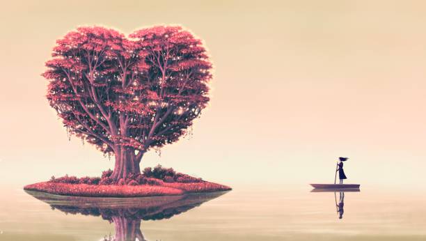 istock Heart tree on island with woman on a boat and man reflection ,surreal love concept artwork, imagination art, fantasy landscape painting, dreamlike illustration, love romantic concept 1324035256
