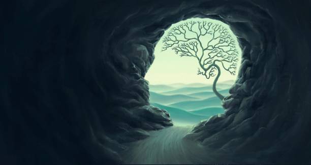 mózg drzewa z peleryną ludzkiej głowy, koncepcja idei myślenia nadzieja wolność i umysł , surrealistyczne dzieło sztuki, sztuka marzeń , krajobraz fantasy, wyobraźnia duchowa natury - pojęcia ilustracje stock illustrations